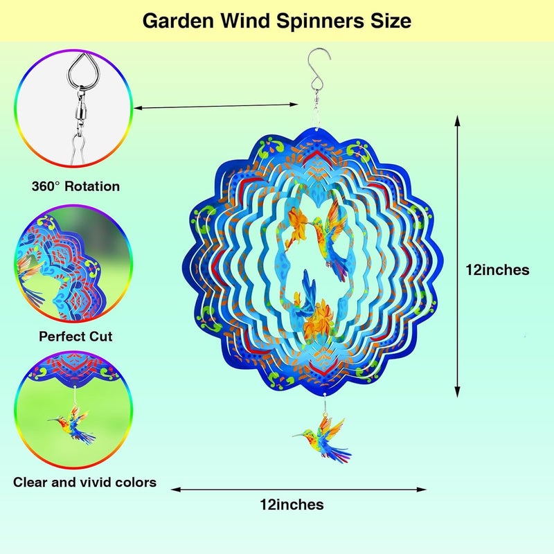 Katinyos Wind Spinners,12 inch Hummingbird with 360° Swivel Hook for Yard and Garden, Bird Wind Catcher, Metal Wind Spinners Outdoor for Lawn Hanging Crafts Decor Kinetic Yard Art Ornament Gifts - Image 1